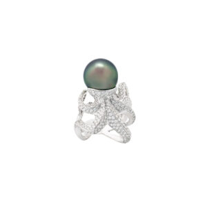 “Octopussy" Superb Black Tahitian Pearl and Diamond Ring
