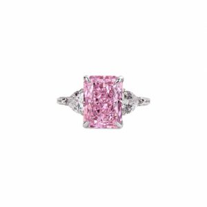 Rectangular Radiant Cut Pink Sapphire Ring with Trillion Cut Diamonds