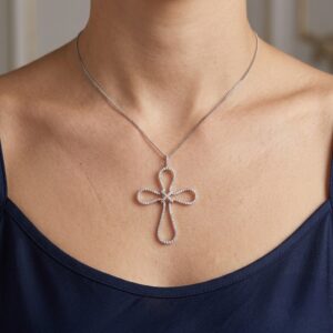 woman wearing 18ct white gold infinity cross pendant