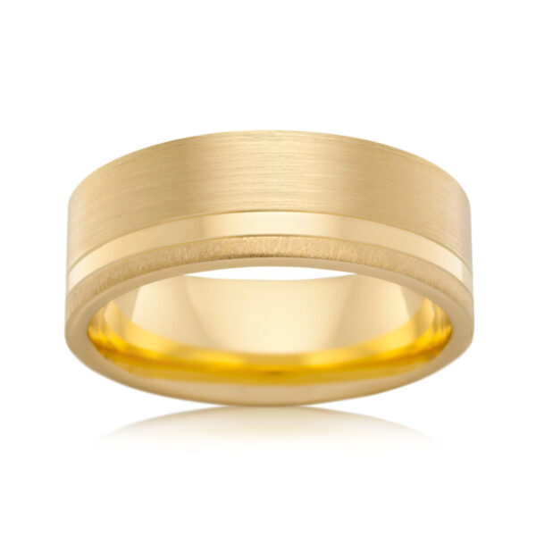 Flat Satin Finish Yellow Gold Wedding Band 7.5mm wide