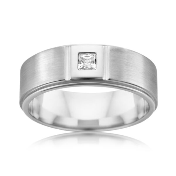 Satin Finish Wedding Band with a Diamond in 18ct Gold 7.5mm wide