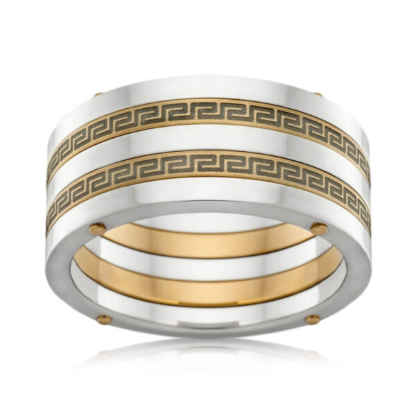 Two Tone Greek Key Pattern Gold Band 12mm wide