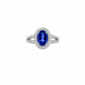 Oval Cornflower Blue Sapphire & Diamond Halo Ring in 18ct White Gold