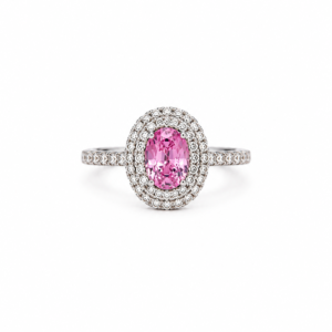 Pink Sapphire Double Halo Diamond Ring in 18ct White Gold